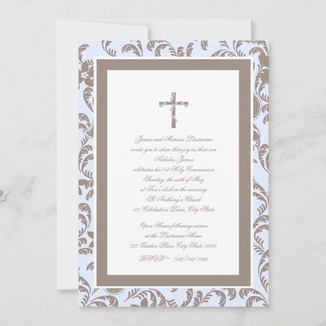 Invitation Communion bleu doux et Brown (Devant)