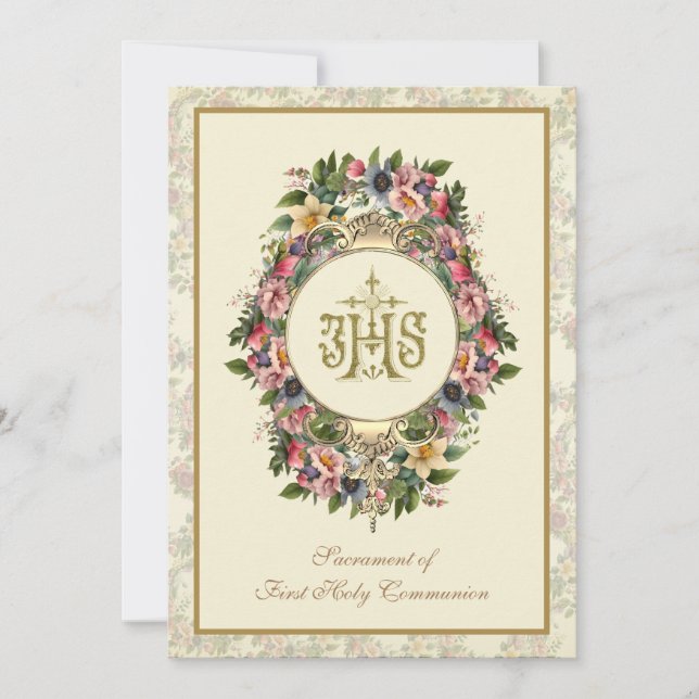 Invitation Communion Catholique Florale Or IHS (Devant)