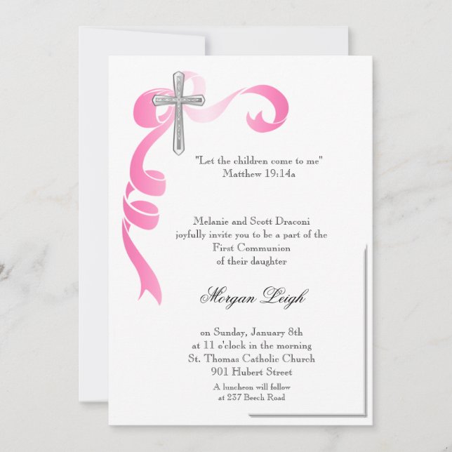 Invitation Communion croisée de ruban rose (Devant)