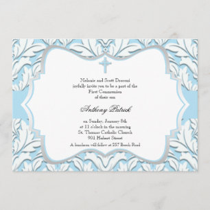 Invitation Communion de Damas bleu et blanc