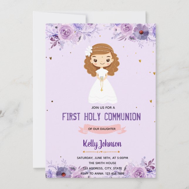 Invitation communion fille thème violet (Devant)