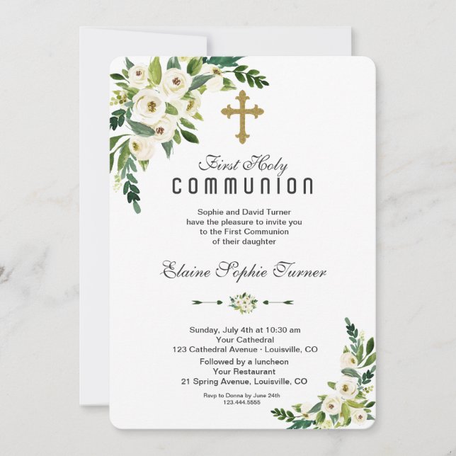 Invitation Communion florale florale blanche moderne (Devant)