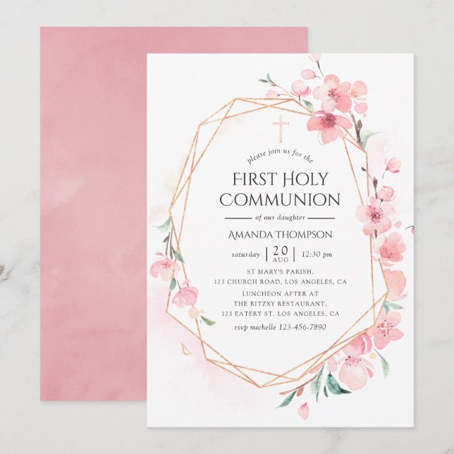 Invitation Communion géométrique sainte en fleurs de cerisier (Devant / Derrière)