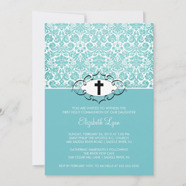 Invitation Communion Inviation de damassé de turquoise (Devant)