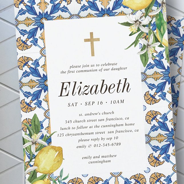 Invitation Communion Pour Son Citron Carreaux Méditerranéens (Créateur téléchargé)