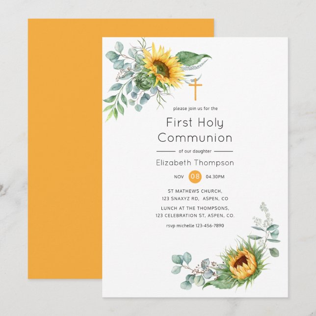 Invitation Communion sacrée de l'eucalyptus de tournesol de B (Devant / Derrière)