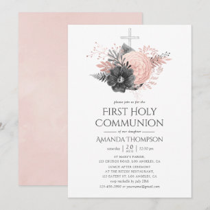 Invitation Communion sainte à la floraison rose et charbonniè