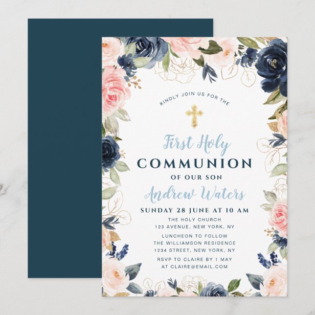 Invitation communion sainte marine et florale rousse (Devant / Derrière)