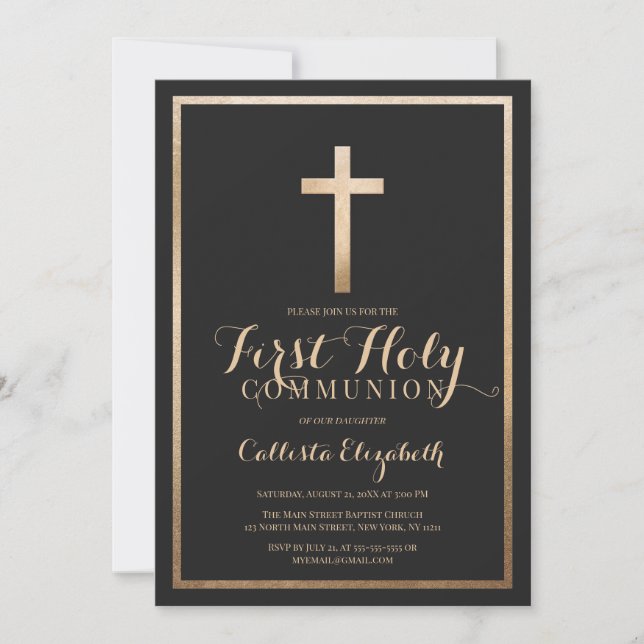 Invitation Communion simple Noir Noir moderne (Devant)