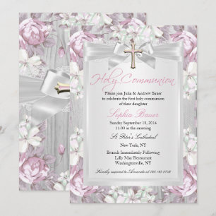 Invitation Communion solennelle fleurie rustique vintage rose