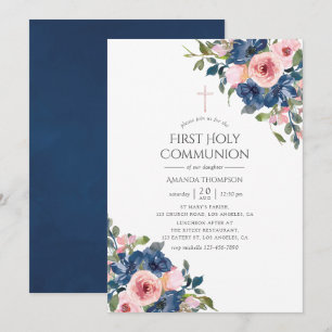 Invitation Communion solennelle Fleurs Navy et Blush Aquarell