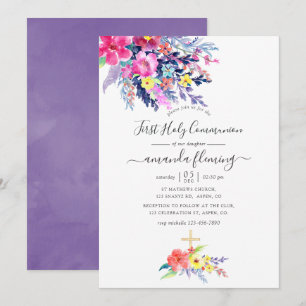 Invitation Communion solennelle florale aquarelle colorée