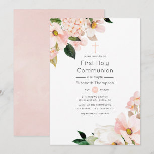 Invitation Communion solennelle florale rose pastel aquarelle