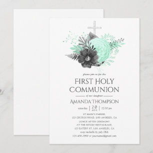 Invitation Communion solennelle florale rustique aqua et char