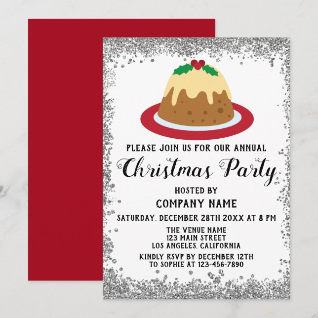 Invitation Compagnie Noël Fête Pudding Rouge Argent (Devant / Derrière)