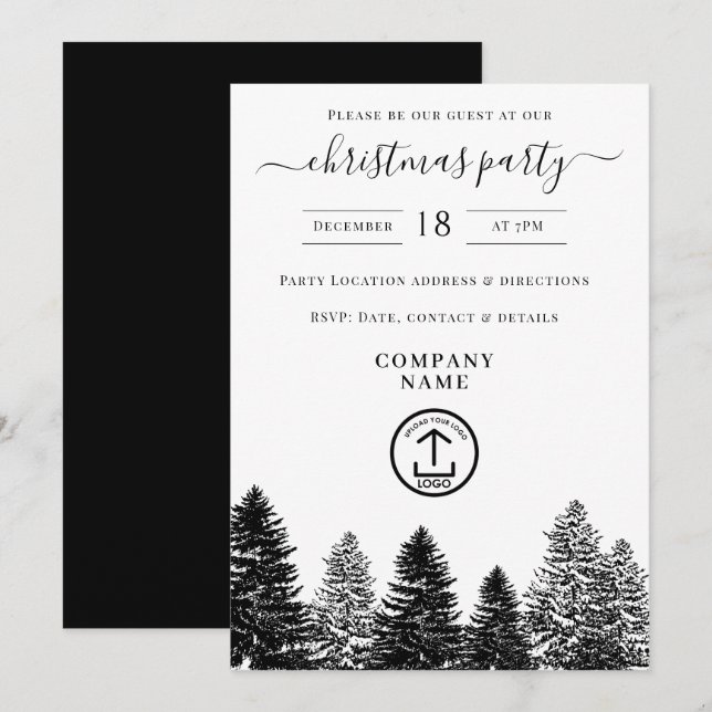 Invitation Company Christmas Party Holiday Black White Pines (Devant / Derrière)