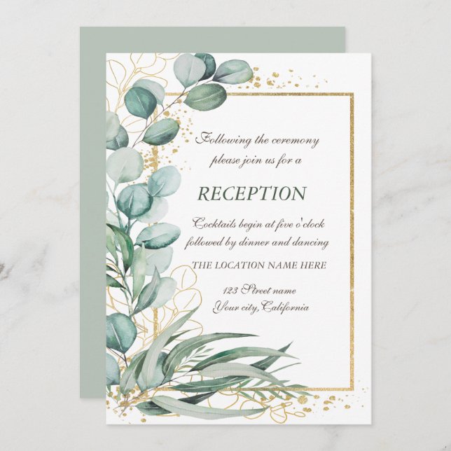 Invitation Composition de mariage avec cadre doré et eucalypt (Devant / Derrière)