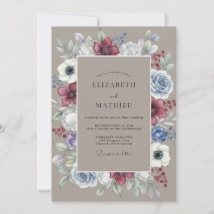 Invitation Composition florale de mariage en bordeaux et bleu
