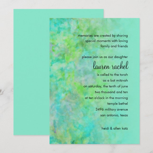 Invitation Conception abstraite bat mitzvah en Aqua (Devant / Derrière)