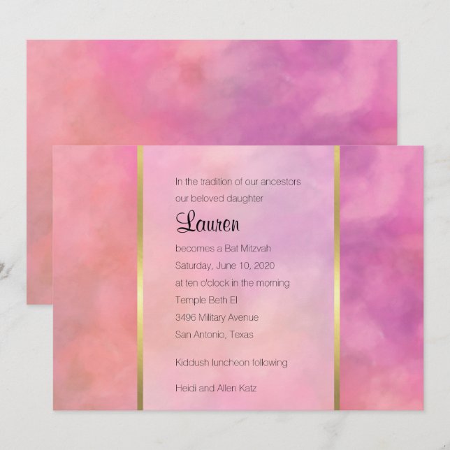 Invitation Conception Abstraite de Bat Mitzvah en Rose (Devant / Derrière)