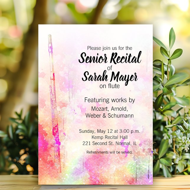 Invitation Conception couleur de l'aquarelle supérieure de la (Custom flute senior recital invitations.)