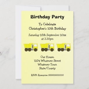 Invitation Conception de camion jaune Fête d'anniversaire de
