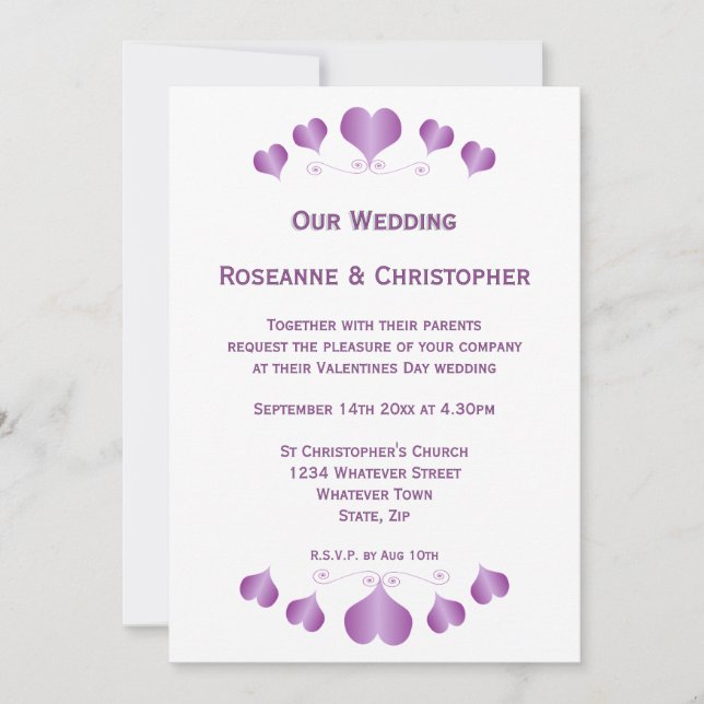 Invitation Conception de cœurs violets pour un mariage (Devant)