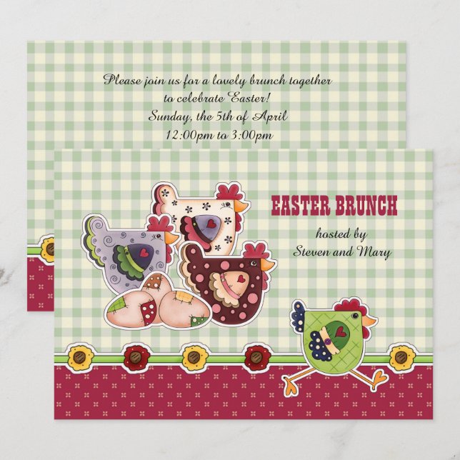 Invitation Conception de poules et coq rustiques Brunch de Pâ (Devant / Derrière)