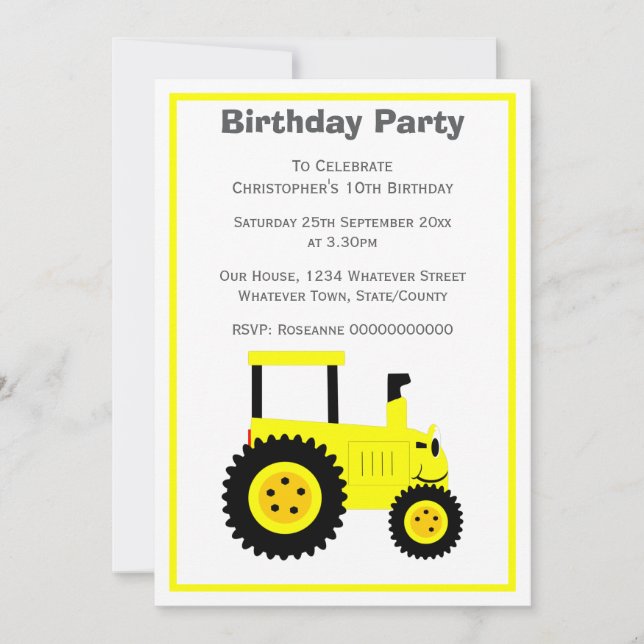 Invitation Conception de Tracteur Jaune Fête d'anniversaire p (Devant)