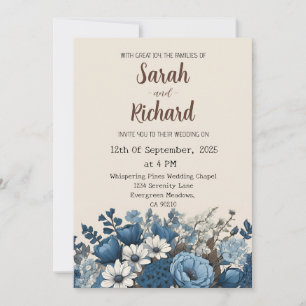 Invitation Conception florale bleue élégante avec fond crème 
