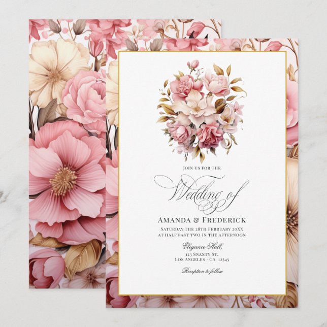 Invitation Conception florale rose et or chic (Devant / Derrière)