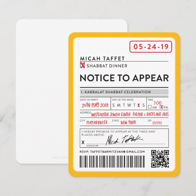 Invitation CONCEPTION PERSONNALISÉE Bar Mitzvah New York Bill (Devant / Derrière)