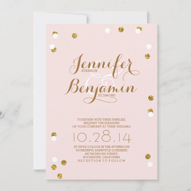 Invitation Concours de mariage moderne rose et or confetti (Devant)