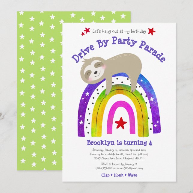 Invitation Conduire par Anniversaire Sloth Kawaii Boho Rainbo (Devant / Derrière)