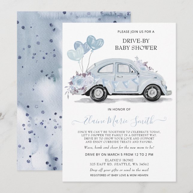 Invitation Conduire par Baby shower aquarelle Floral Blue Car (Devant / Derrière)