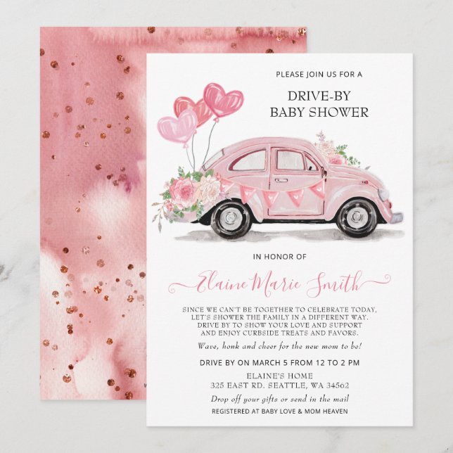 Invitation Conduire par Baby shower aquarelle Floral rose voi (Devant / Derrière)