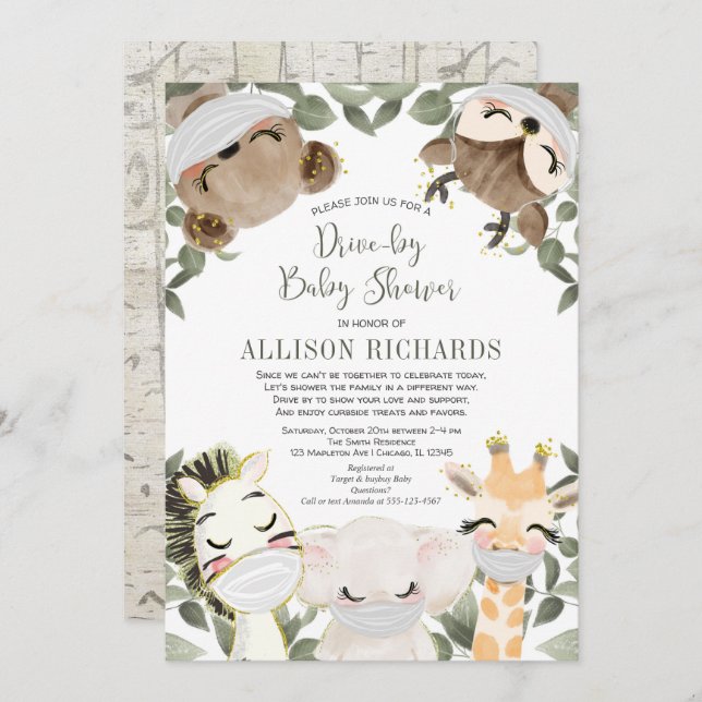 Invitation Conduire par baby shower de mignons animaux avec d (Devant / Derrière)