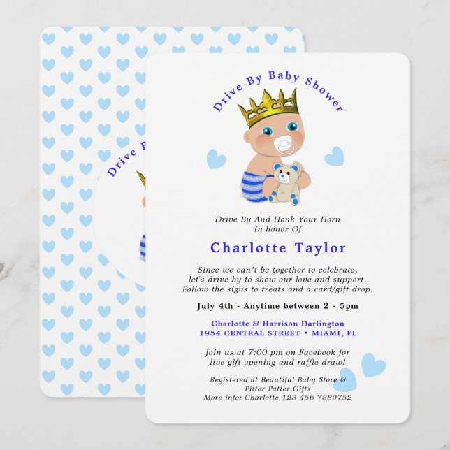 Invitation Conduire par Baby shower mignon Prince Blue Baby B (Devant / Derrière)