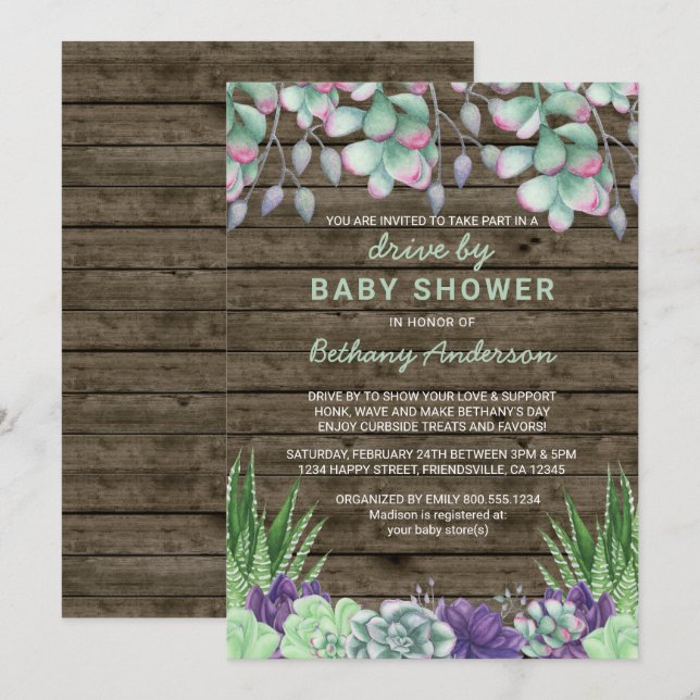 Invitation Conduire Par Baby shower Rustique Succulents (Devant / Derrière)