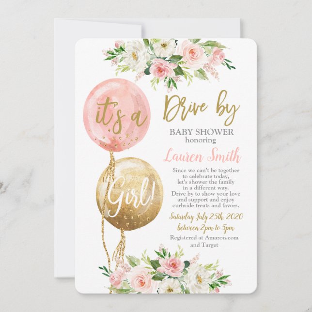 Invitation Conduire par ballons baby shower fille (Devant)