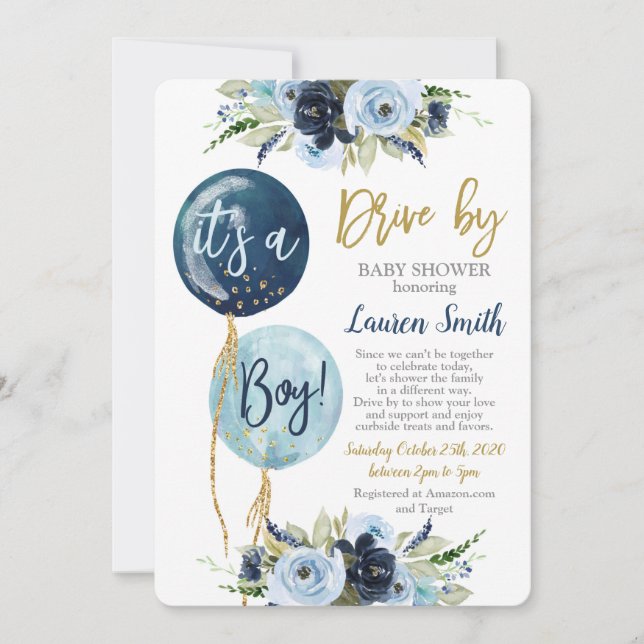 Invitation Conduire par ballons baby shower garçon (Devant)