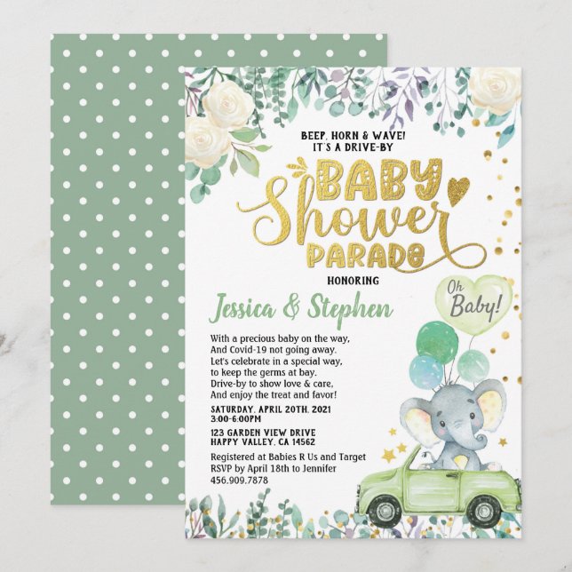 Invitation Conduite Neutre Par Baby shower Parade Green Eleph (Devant / Derrière)