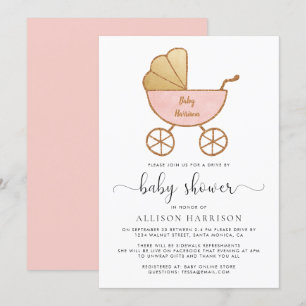 Invitation Conduite Par Baby Girl Shower Retro Carrier Pink