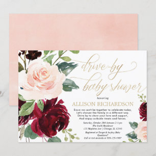 Invitation Conduite par baby shower rose or bordeaux floral