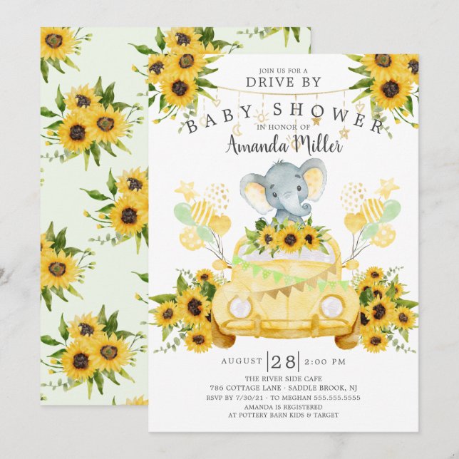 Invitation Conduite par Elephant Neutral Baby shower Invitati (Devant / Derrière)
