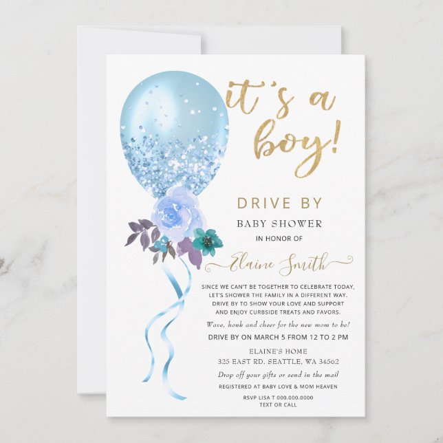 Invitation Conduite par Floral Balloon Blue Parties scintilla (Devant)