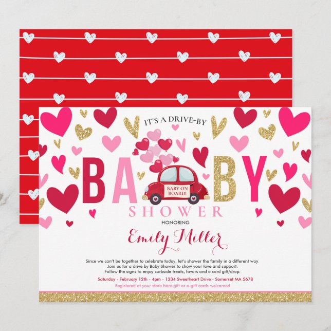 Invitation Conduite Par Valentine Baby shower Chéri Rouge Ros (Devant / Derrière)