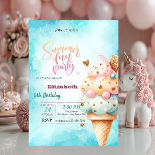 Invitation Cone de glace colorée été fête d'anniversaire