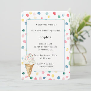 Invitation Cône de glace d'anniversaire coloré blanc confetti