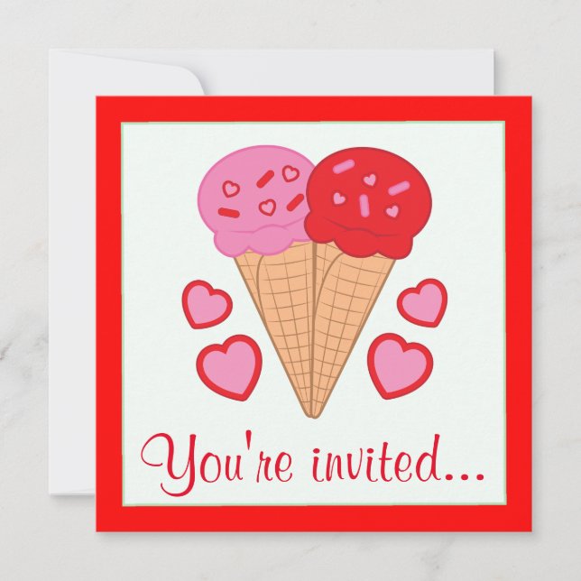 Invitation Cones de crème glacée avec Coeurs Saint-Valentin (Devant)